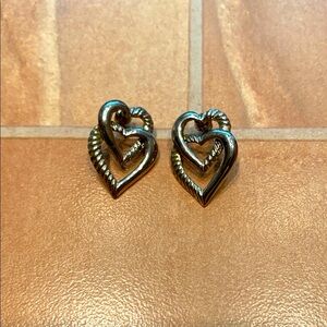 Vintage Women's Silver Statement Double Stacked Love Heart Stud Earrings